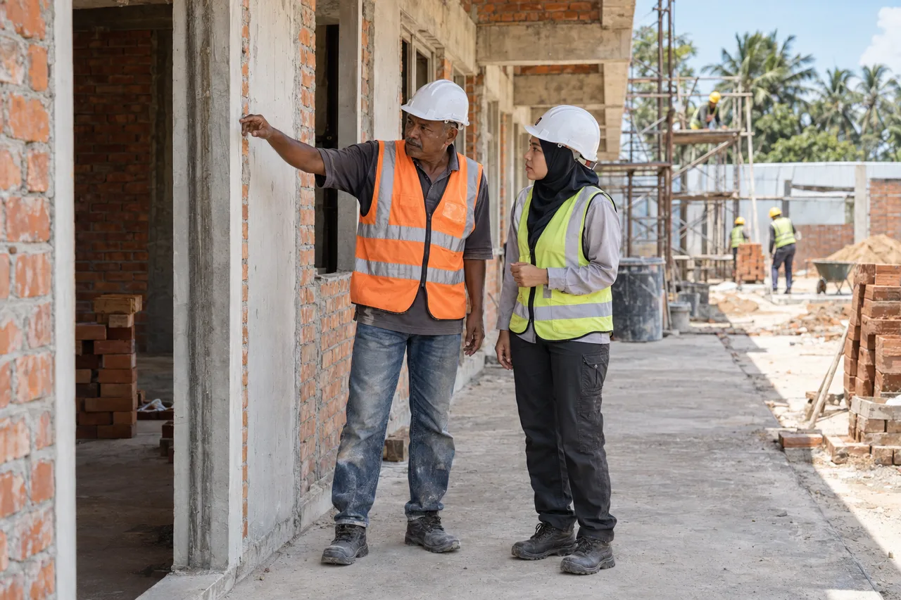 Site foreman and engineer discussing a masonry doorway