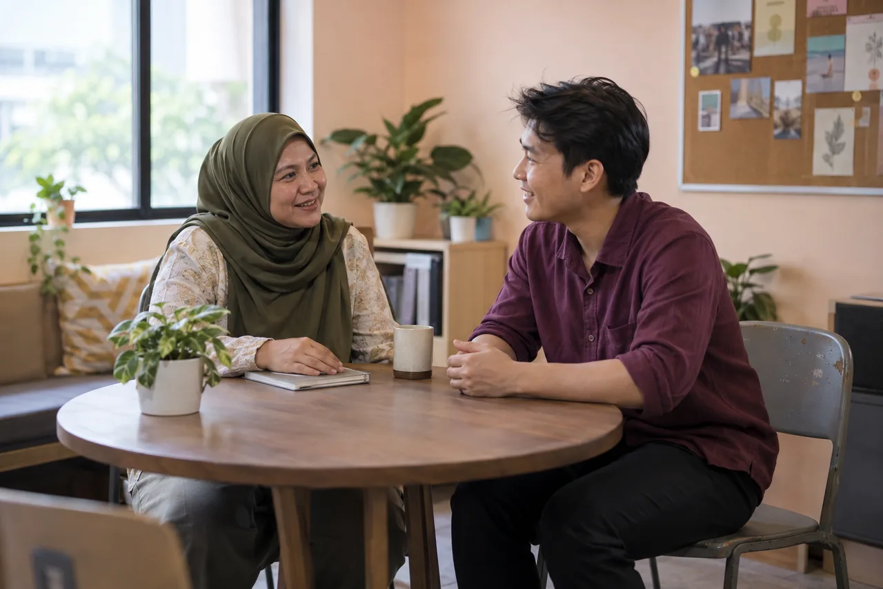 People manager and colleague having a development conversation