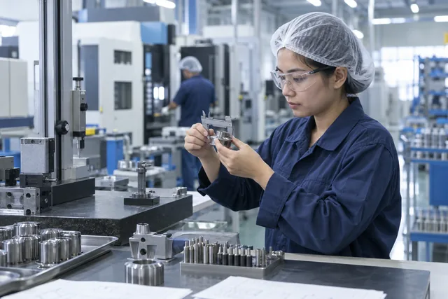 A manufacturing team member checking work on the production floor