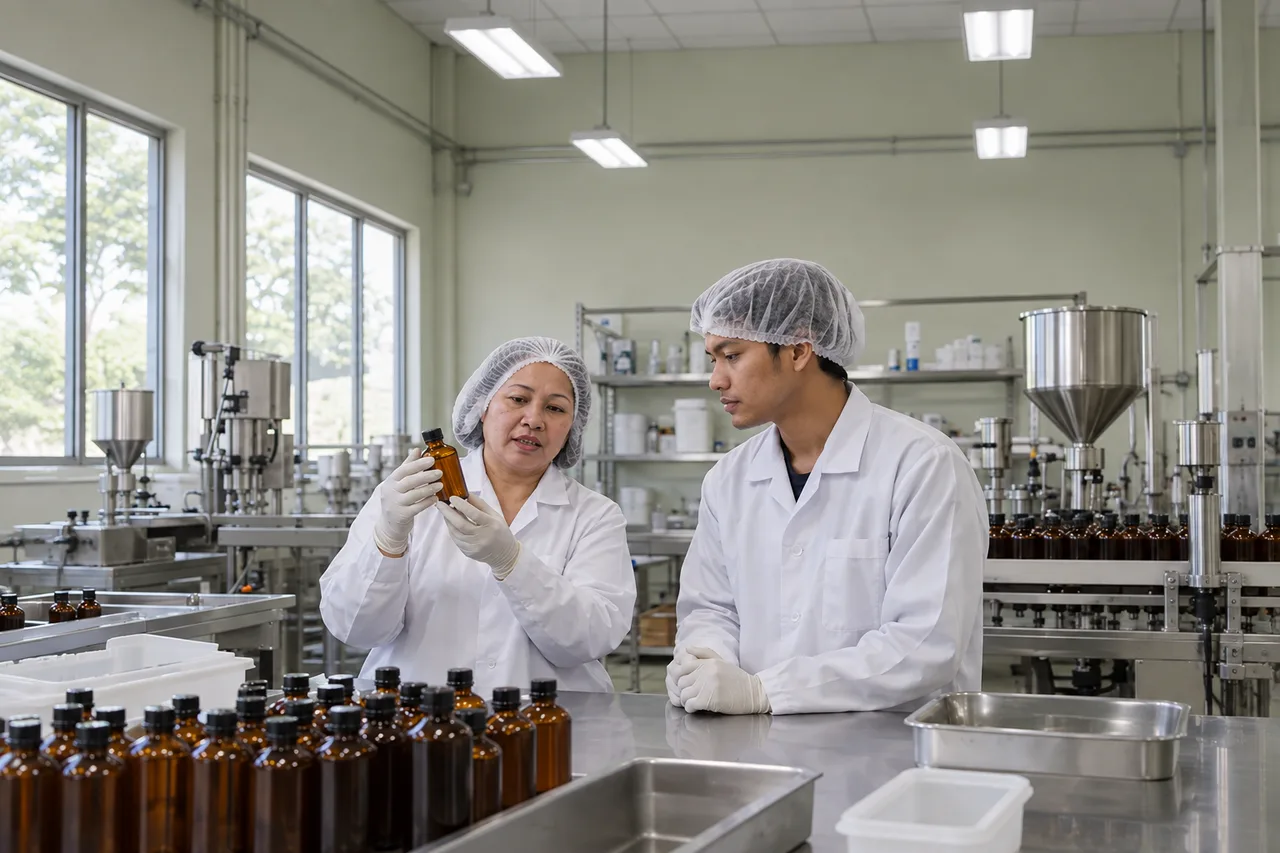 Quality team inspecting a sealed bottle on a manufacturing line