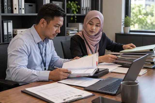 An auditor and colleague match evidence files to an audit checklist.