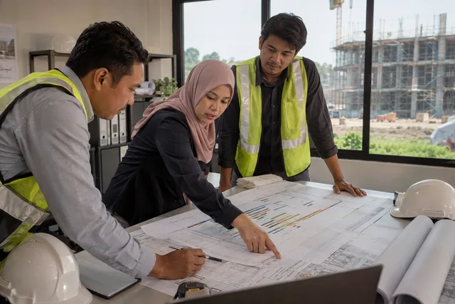 A project manager and site coordinators review a construction schedule and drawings.
