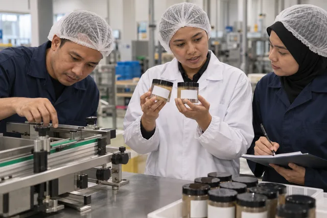 A manufacturing team compares defective labels and checks the labelling equipment.