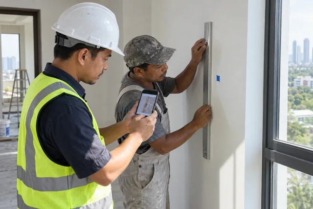 A supervisor compares a defect photo while a tradesperson checks the repaired wall.