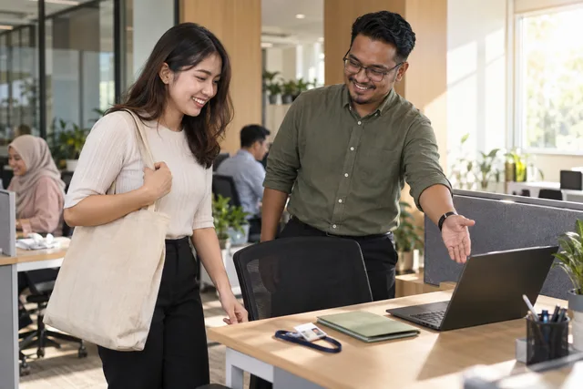 A colleague shows a new employee their prepared desk and equipment.
