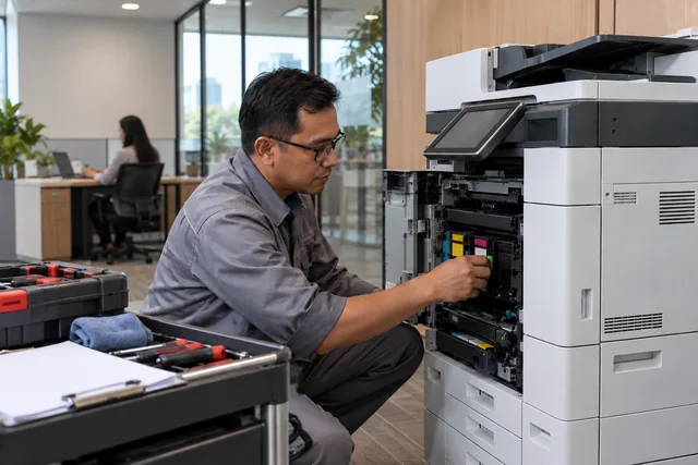 A technician services an office copier with its panel open.