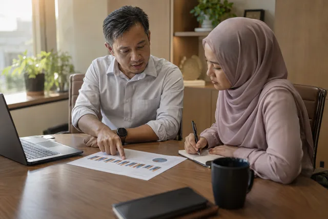 A manager and colleague review target and actual figures and note a next action.