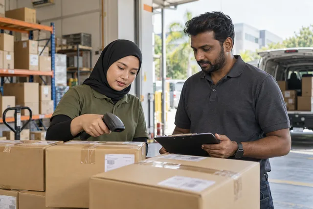 A warehouse coordinator and delivery driver check cartons before handover.