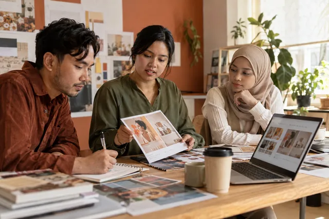 Agency colleagues review campaign artwork and a launch checklist.