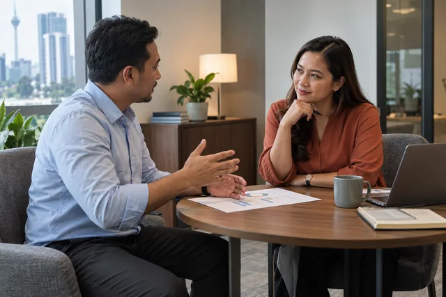 A manager listens to an employee during a progress review.