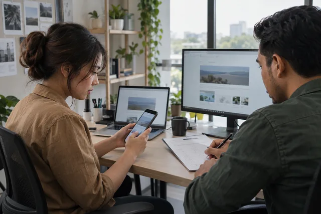 Two testers compare a website on a phone and computers before release.