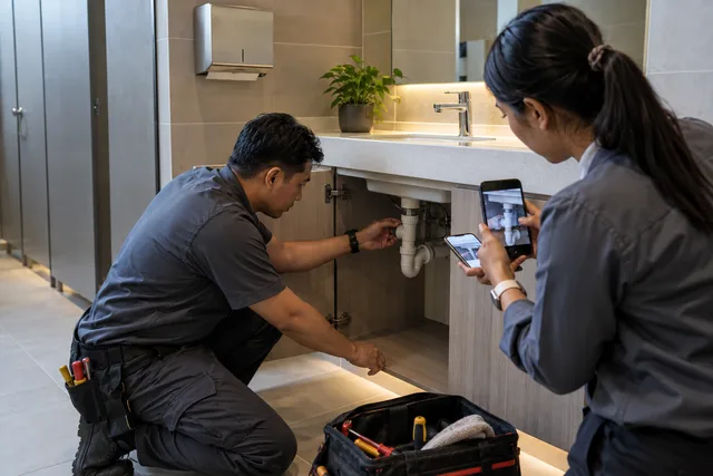 A technician checks a repaired pipe while a colleague records photo evidence.