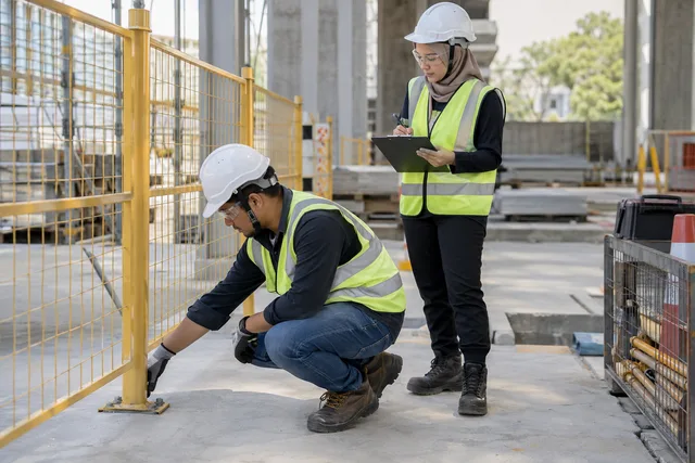 Two colleagues inspect a safety barrier before site activities begin.