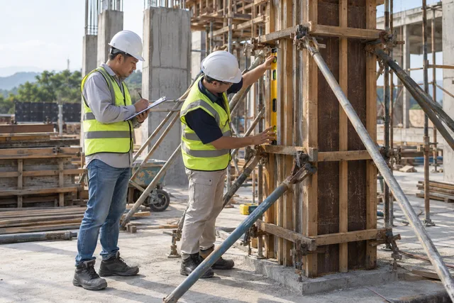 Site colleagues measure formwork alignment and record the inspection.