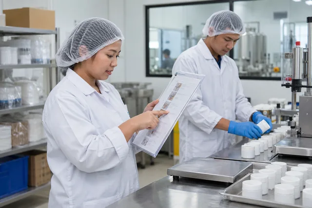 Production operators follow a written procedure at a packaging station.