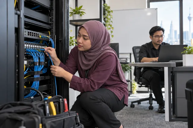 An IT technician works on network cabling at a server rack while a colleague works nearby.
